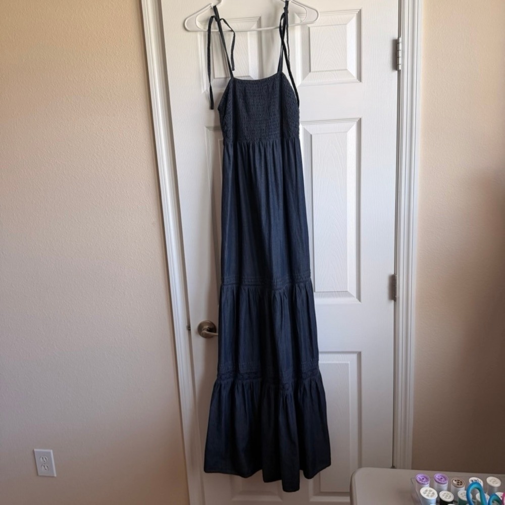 Ana A New Approach Womens Small Blue Smocked Tiered Denim Look Maxi Dress